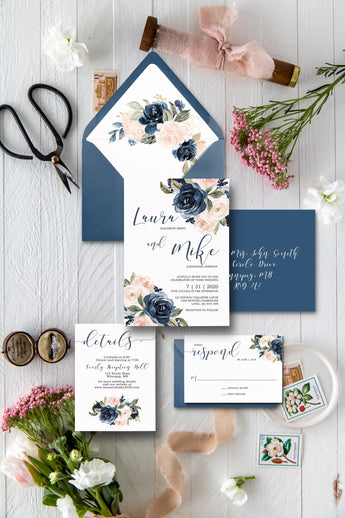 Blush and Navy Floral Wedding Invitation Suite Printable
