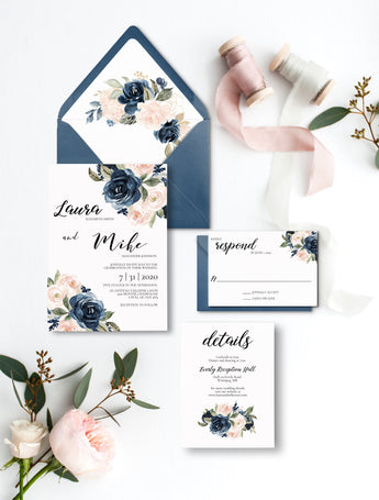 Navy and Blush Floral Wedding Invitation Suite Digital Download