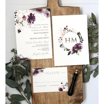 purple floral watercolor modern wedding invitation