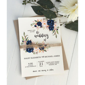 navy and pink wedding invitation