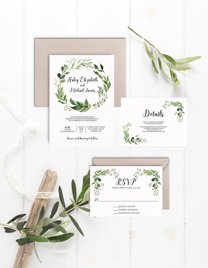 Rustic Botanical Greenery Wreath Wedding Invitation Suite Digital Download