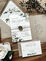 Rustic Greenery Wedding Invitation, Wax Seal, Vellum Wrap