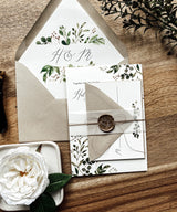 Rustic Greenery Wedding Invitation, Wax Seal, Vellum Wrap
