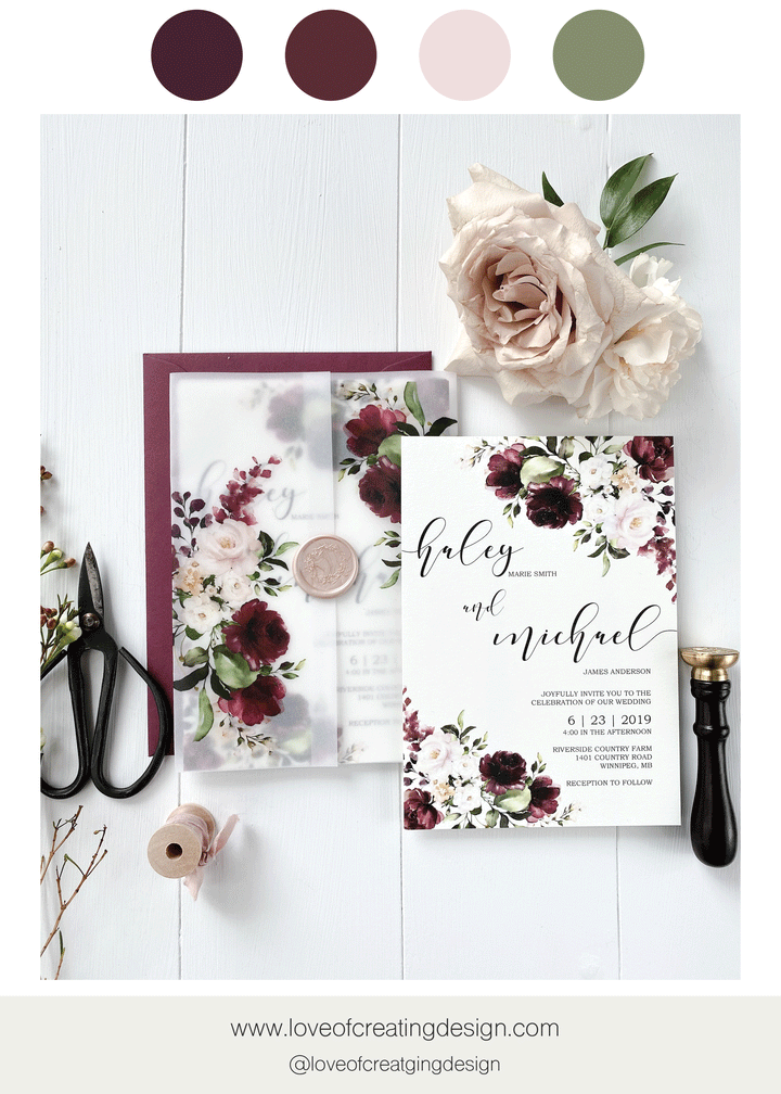 Burgundy and Blush Floral Vellum Wedding Invitation - Cotton Willow Design  Co.
