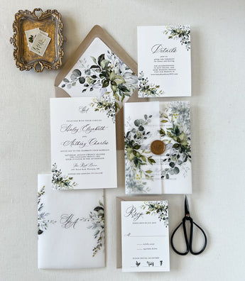 Rustic Greenery Wedding Invitation Set, Vellum with Gold Wax Sea