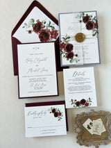 Burgundy Boho Wedding Invitation with Vellum Wrap and Wax Seal