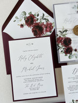 Burgundy Boho Wedding Invitation with Vellum Wrap and Wax Seal