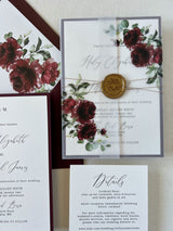 Burgundy Boho Wedding Invitation with Vellum Wrap and Wax Seal