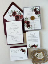 Burgundy Boho Wedding Invitation with Vellum Wrap and Wax Seal