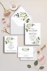 White Floral and Greenery Wedding Invitation Suite Printable