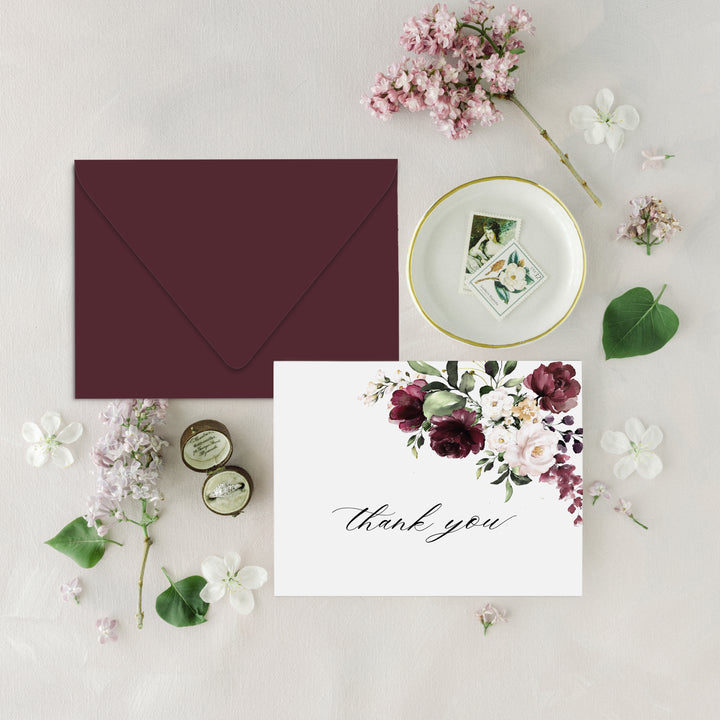 Burgundy and Blush Floral Thank you Card